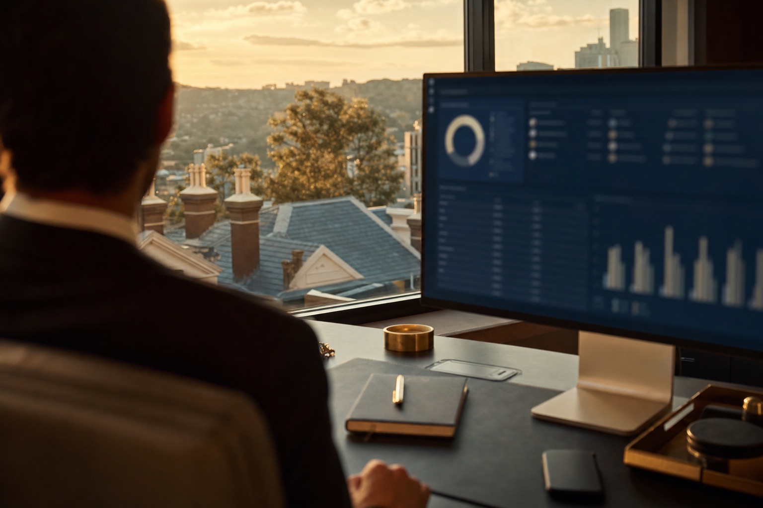 A selling agent's desk at golden hour, listing dashboard glowing, terrace rooftops beyond the window.
