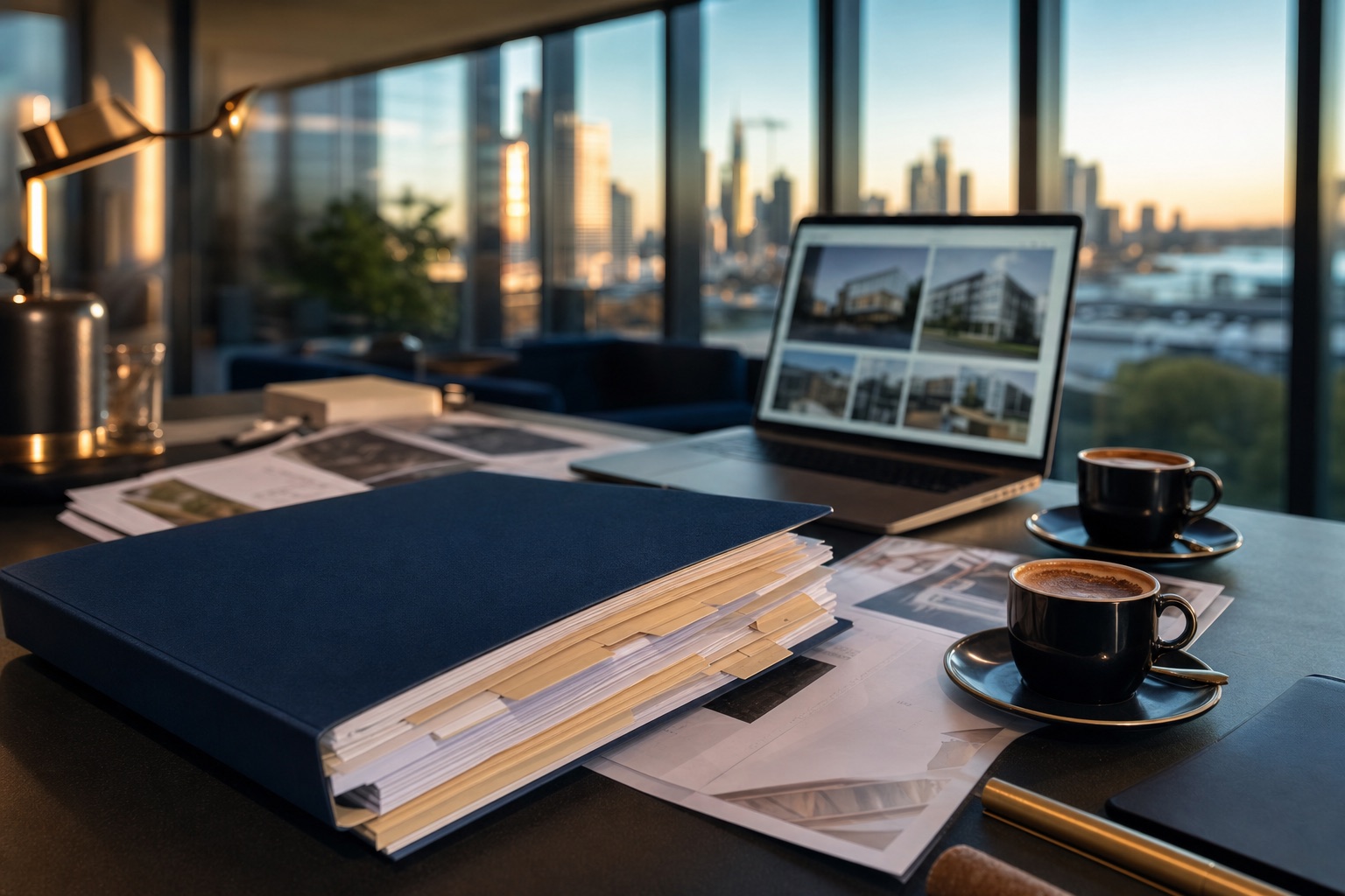 A buyer's advocate's workspace: tabbed client folders, a shortlist on screen, the city skyline at dusk.
