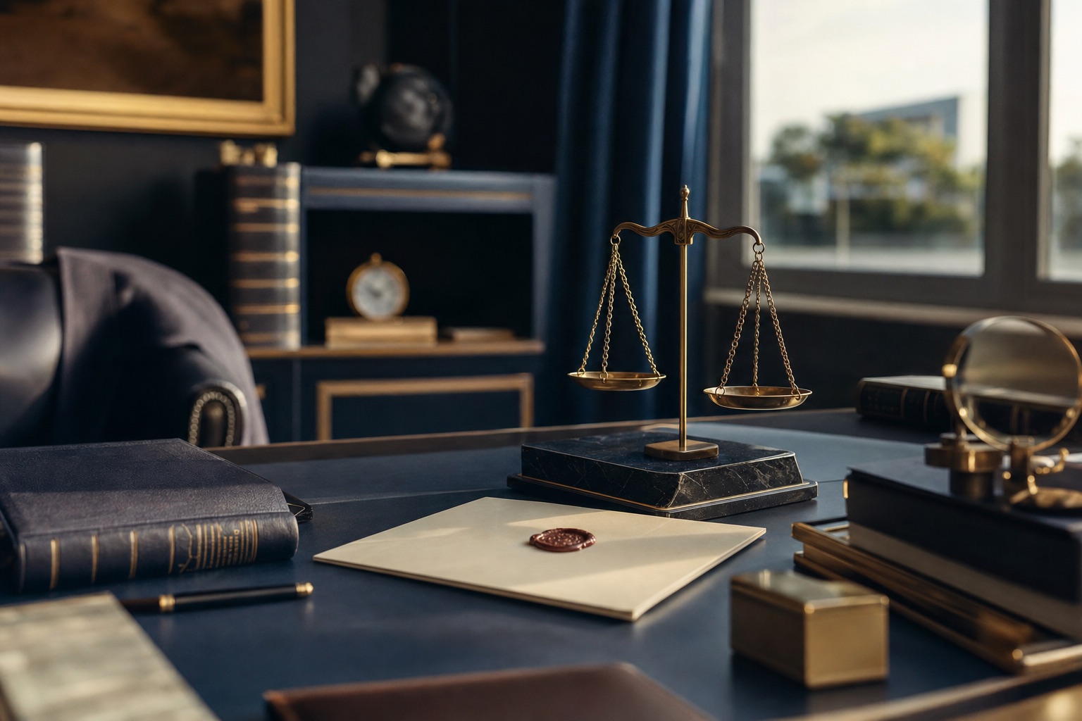 Bound ledgers and a wax-sealed document on a navy leather desk — bank-grade record keeping.